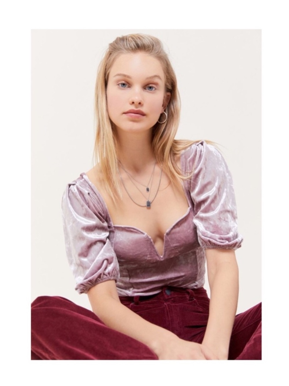 UO Velvet Puff Sleeve Pink Velvet Bustier Blouse